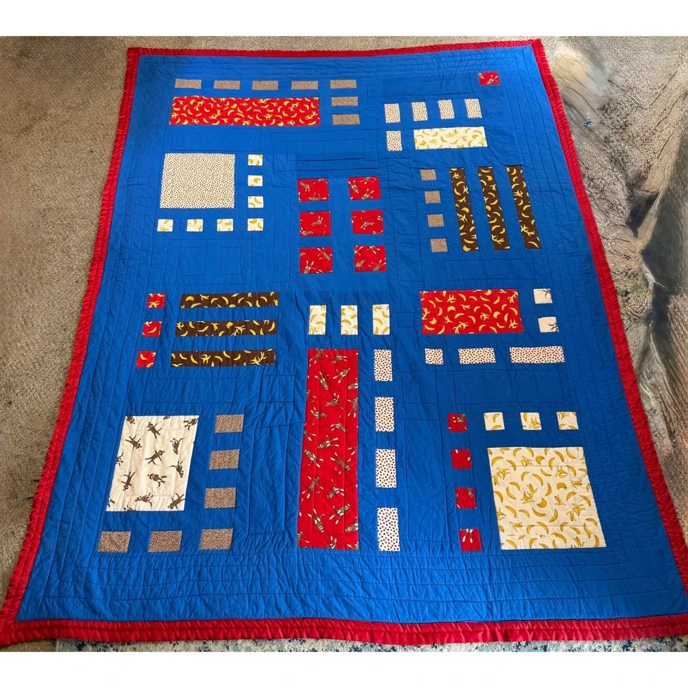 Large Handmade Sock Monkey Patchwork Quilt Blue Red Banana Theme Throw Blanket